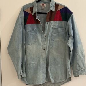 Blue creek jeans Vintage Denim Shirt with Colorful leather suede Patchwork.